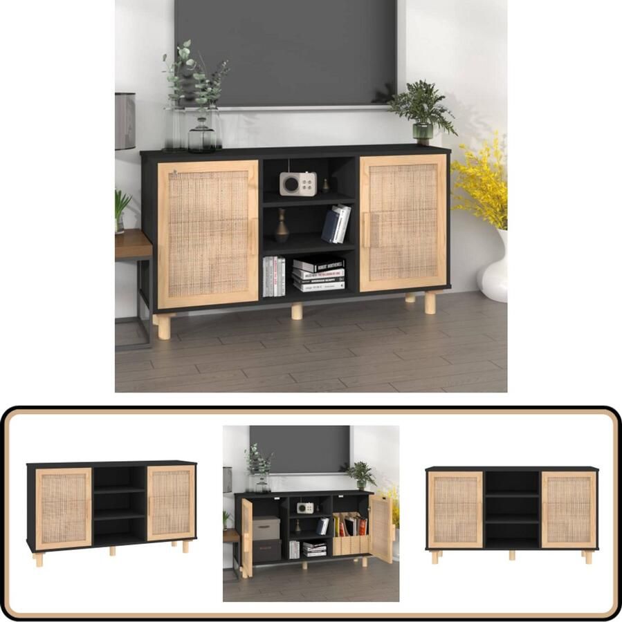VidaXL Dressoir Grenenhout & Rattan Zwart 105x30x60 cm Dressoir Zwarte Dressoirs Salontafel Tv-stand Opbergkasten