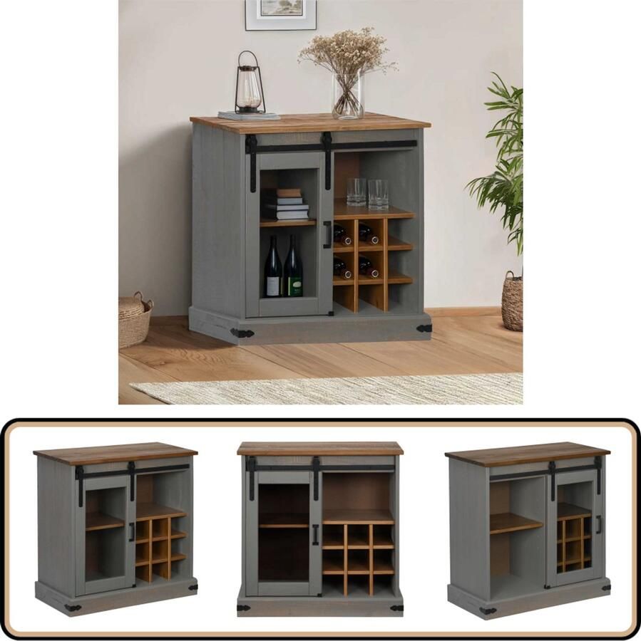 VidaXL Dressoir HALDEN met schuifdeur 80x40x80 cm massief hout grijs Dressoir Meubel Houten Dressoir Grenshouten Dressoir Vintage Dressoir