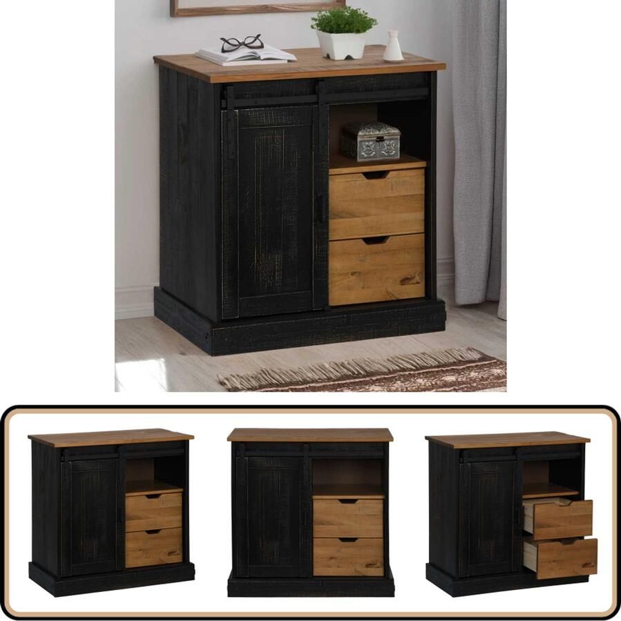 VidaXL Dressoir HALDEN Zwart Massief Hout Dressoir Tv-meubel Opbergkast Houten Meubels Industrieel Design