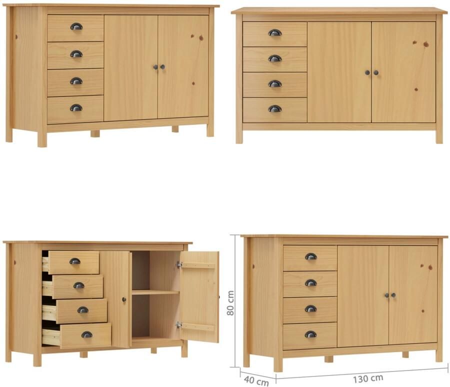 VidaXL Dressoir Hill 130x40x80 cm massief grenenhout honingbruin Dressoir Dressoirs Kast Kasten