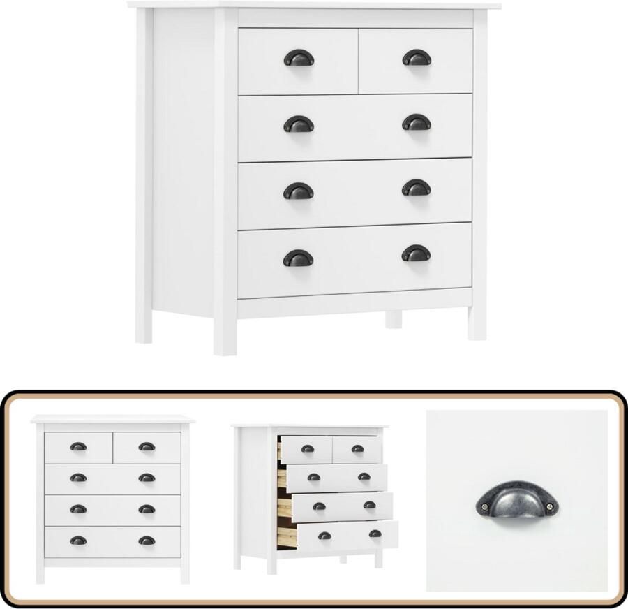 VidaXL Dressoir Hill Wit Massief Grenenhout 5 Lades Dressoir Bijzettafel Opbergkast Houten Dressoir Witte Dressoir