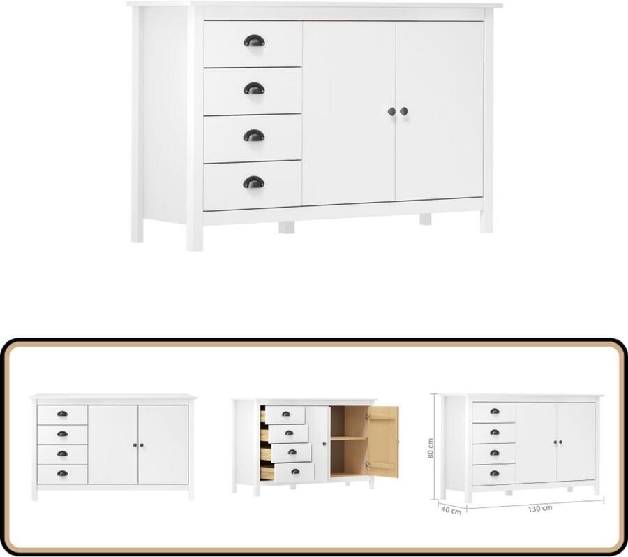 VidaXL Dressoir Hill Wit & Honingbruin 130x40x80cm Dressoir Kast Bijzetkast Massief Hout Grenenhout