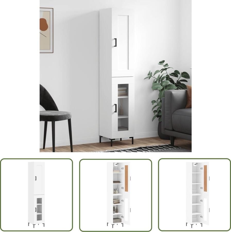 VidaXL Dressoir Hoge Kast Hoge kast 34 5x34x180 cm bewerkt hout wit Buffetkast Houten Kast Witte Kast - Foto 3