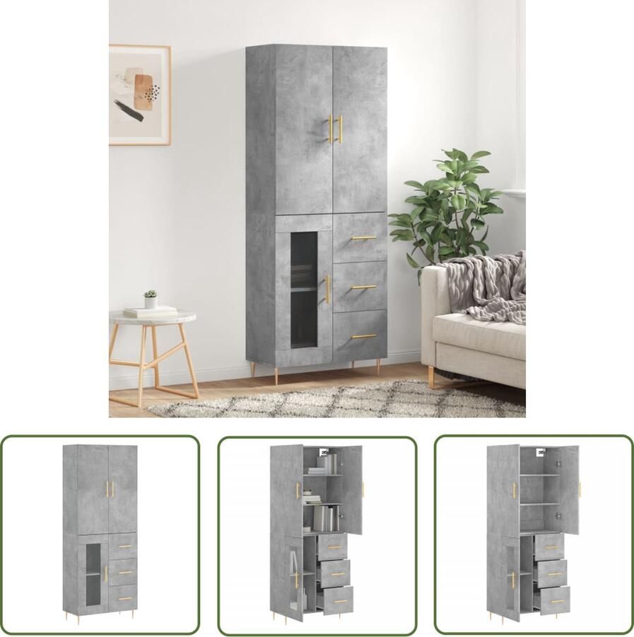 The Living Store Hoge kast 69 5x34x180 cm bewerkt hout betongrijs Hoge Kast Dressoir Buffetkast Opbergkast Betongrijs