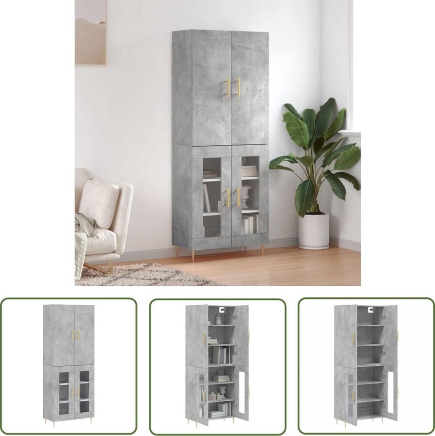 VidaXL Dressoir Hoge Kast Hoge kast 69 5x34x180 cm bewerkt hout betongrijs Buffetkast Houten Kast Grijze Kast
