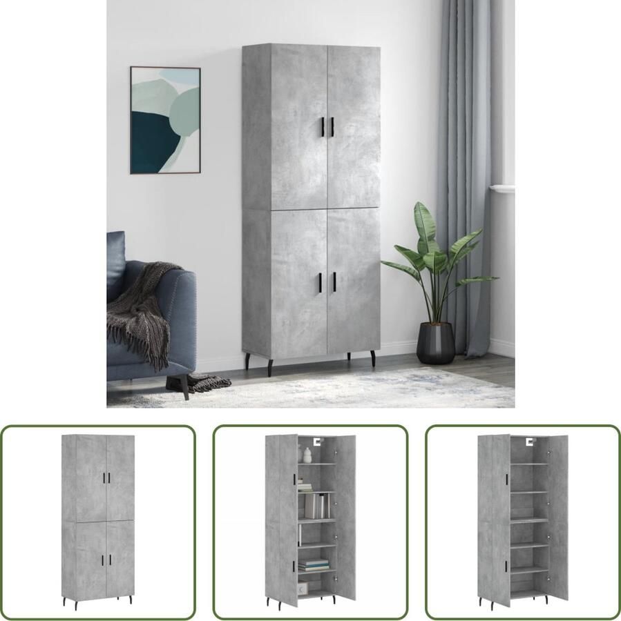 VidaXL Dressoir Hoge Kast Hoge kast 69 5x34x180 cm bewerkt hout betongrijs Buffetkast Houten Kast Grijze Kast