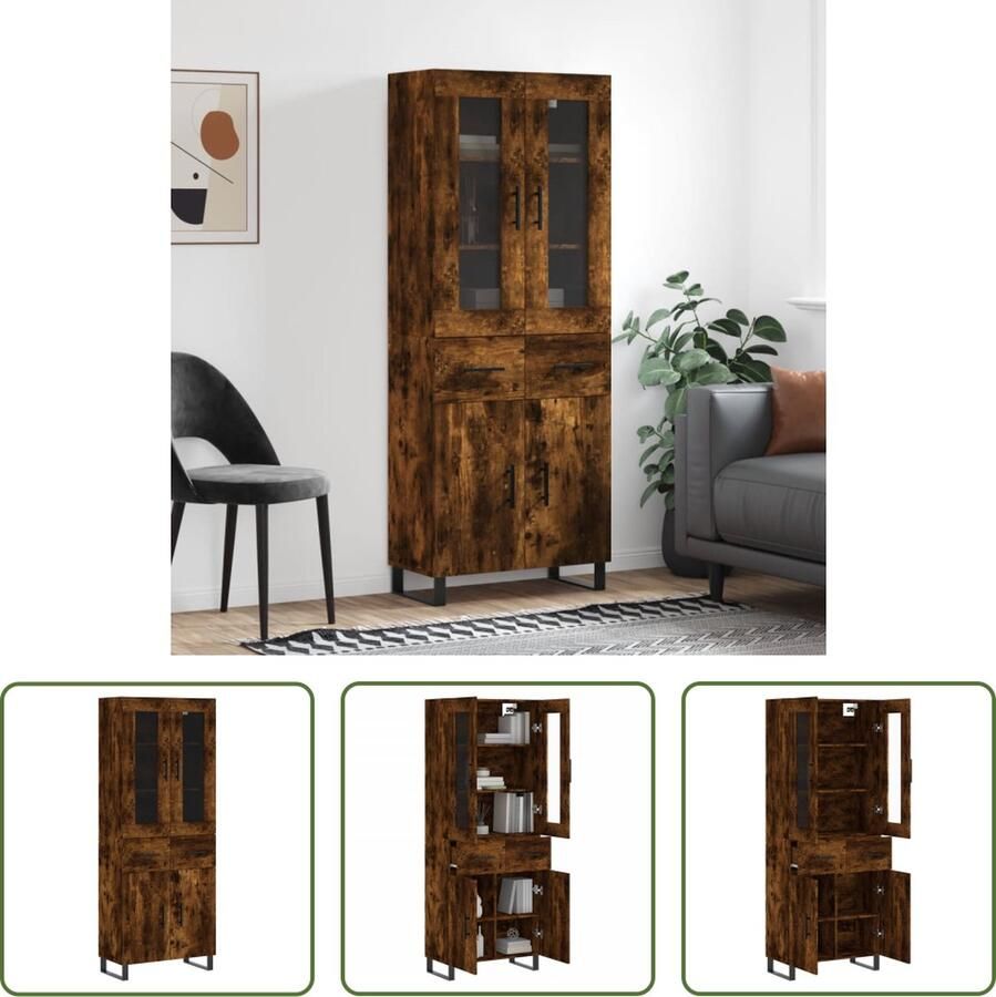 The Living Store Hoge Kast Gerookt Eiken 69.5 x 34 x 180 cm Duurzaam Materiaal Voldoende Opbergruimte Metalen Voeten Montage Vereist Inclusief Dressoir en Opzetkast