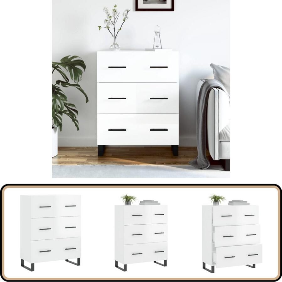 VidaXL Dressoir Hoogglans Wit 69 5x34x90 cm Dressoir Buffetkast Vintage Kast Houten Dressoir White Dresser - Foto 2