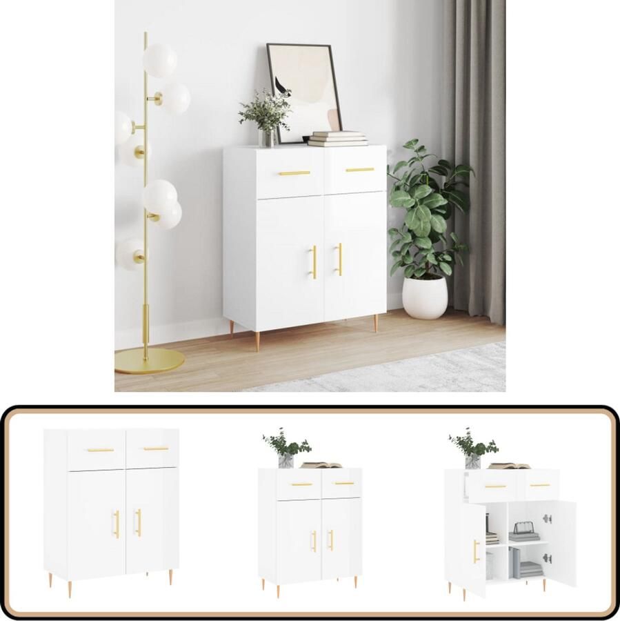 VidaXL Dressoir Hoogglans Wit 69 5x34x90 cm Dressoir Commode Opbergkast Houten Dressoir Wit Dressoir - Foto 3