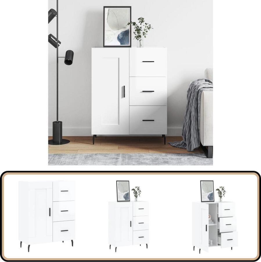 VidaXL Dressoir Hoogglans Wit 69 5x34x90 cm Dressoir Kast Woonkamerinrichting Houten Dressoir Witte Dressoir - Foto 2