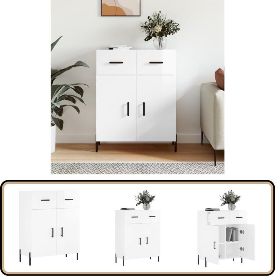VidaXL Dressoir Hoogglans Wit 69 5x34x90 cm Dressoir Modern Dressoir Witte Dressoir Houten Dressoir Opbergkast - Foto 2