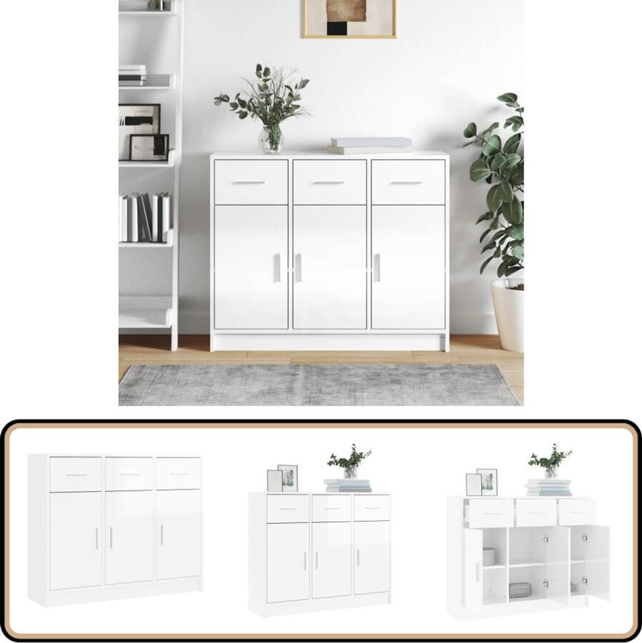VidaXL Dressoir Hoogglans Wit 91x28x75 cm Dressoir Opbergkast Buffetkast Witte Dressoir Houten Dressoir - Foto 2