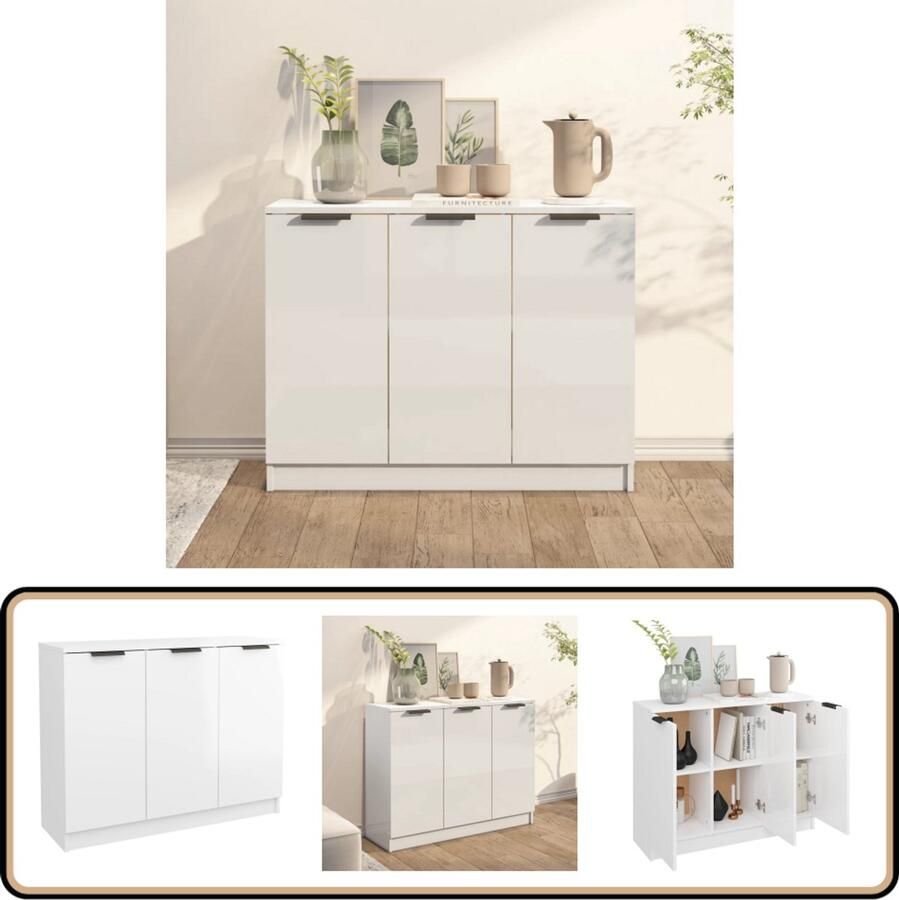VidaXL Dressoir Hoogglans Wit Bewerkt Hout Dressoir Bijzettafel Salontafel Woonaccessoires Modern