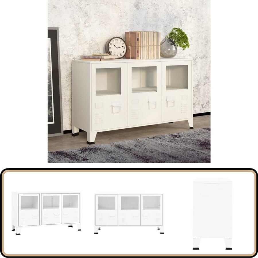 VidaXL Dressoir Industrieel 105x35x62 cm Wit Dressoir Industrieel Design Wit Dressoir Metaaldressoir Glasedissoir - Foto 2