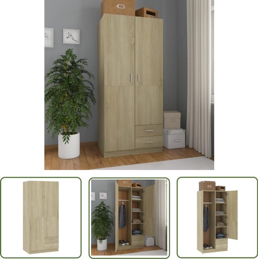 The Living Store Kledingkast 80x52x180 cm bewerkt hout sonoma eikenkleurig Kledingkast Dressoir Bergruimte Houten Kast Sonoma Eiken