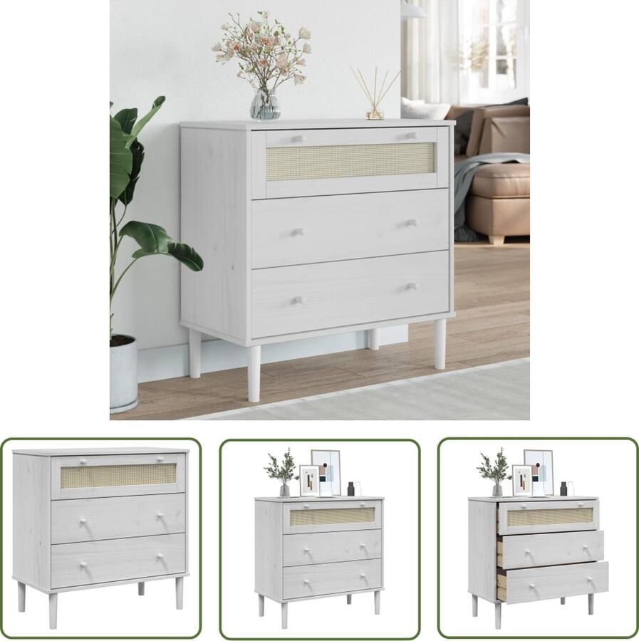 VidaXL Dressoir Ladekast SENJA rattan-look 80x40x80 cm massief grenenhout wit Opbergkast Grenenhouten Kast Vintage Kast