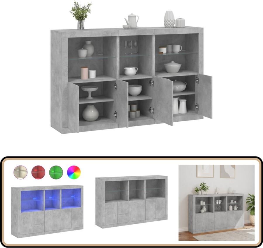 VidaXL Dressoir LED-verlichting 162x37x100 cm Dressoir Kast Led Verlichting Betongrijs Houten Dressoir - Foto 2