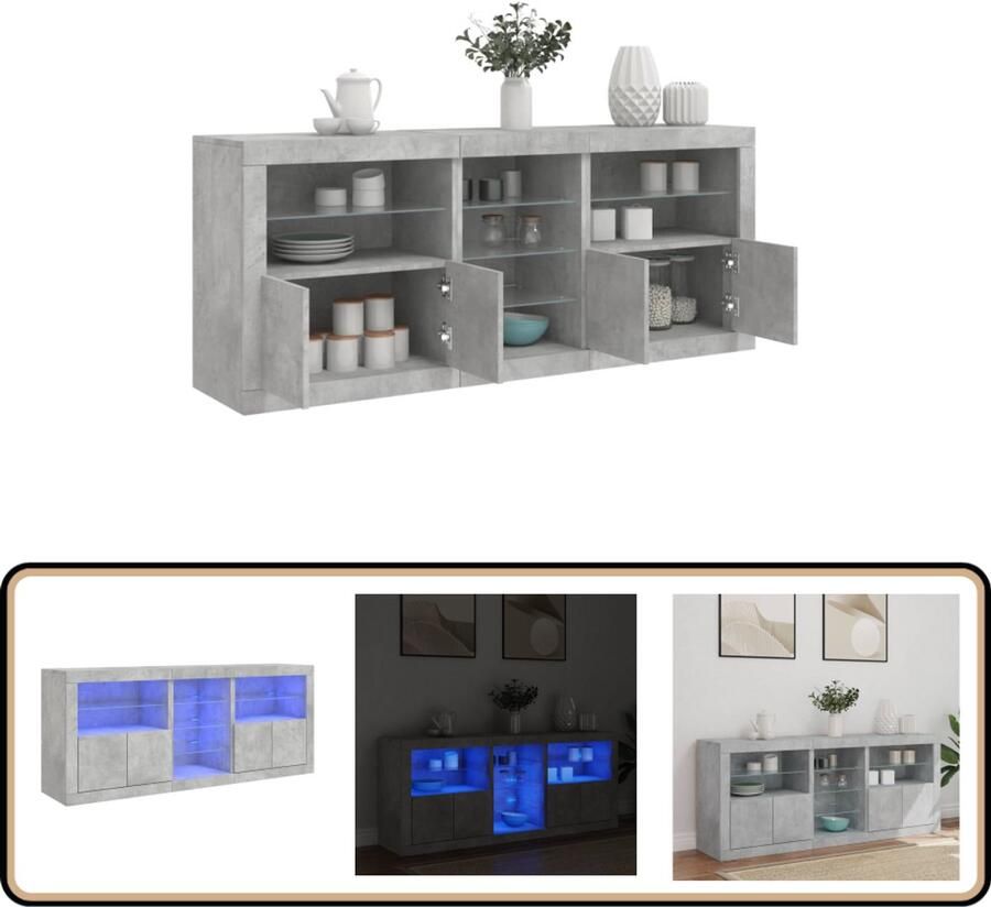 VidaXL Dressoir LED-verlichting 162x37x67 cm Grijs Modern Dressoir Led Verlichting Tv Kast Opbergkast Woonkamer Meubilair