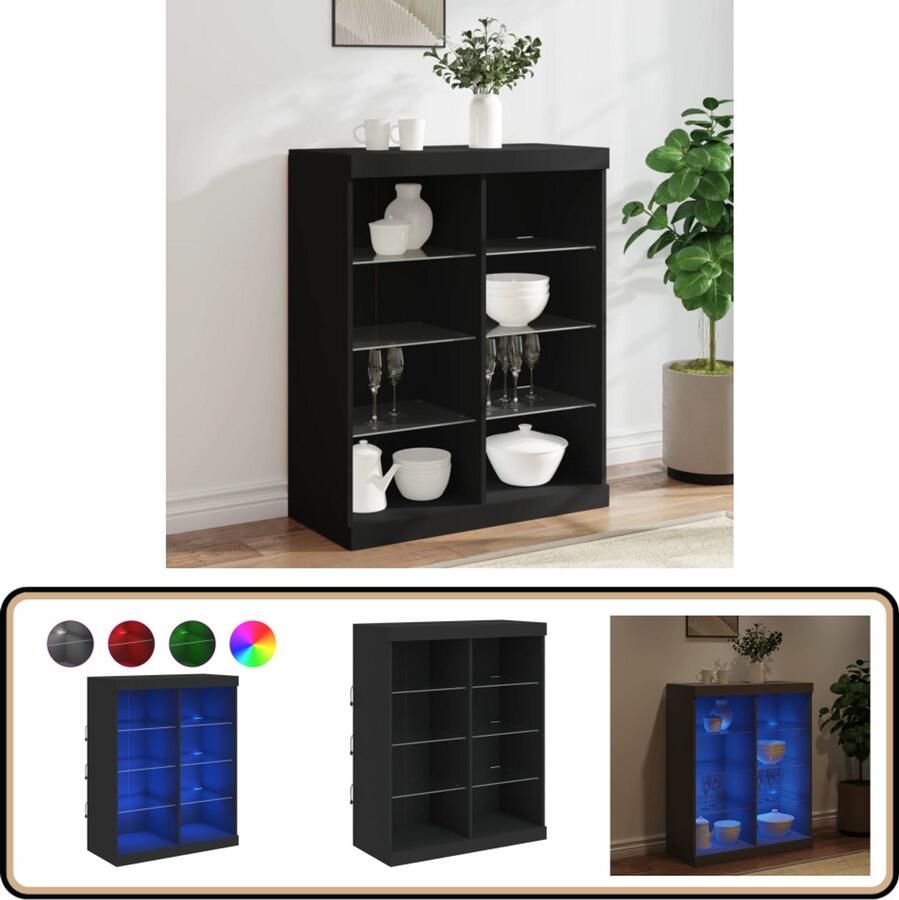 VidaXL Dressoir LED-verlichting 81x37x100 cm Zwart Moderne Kast Dressoir Buffetkast Led Verlichting Zwarte Kast - Foto 2