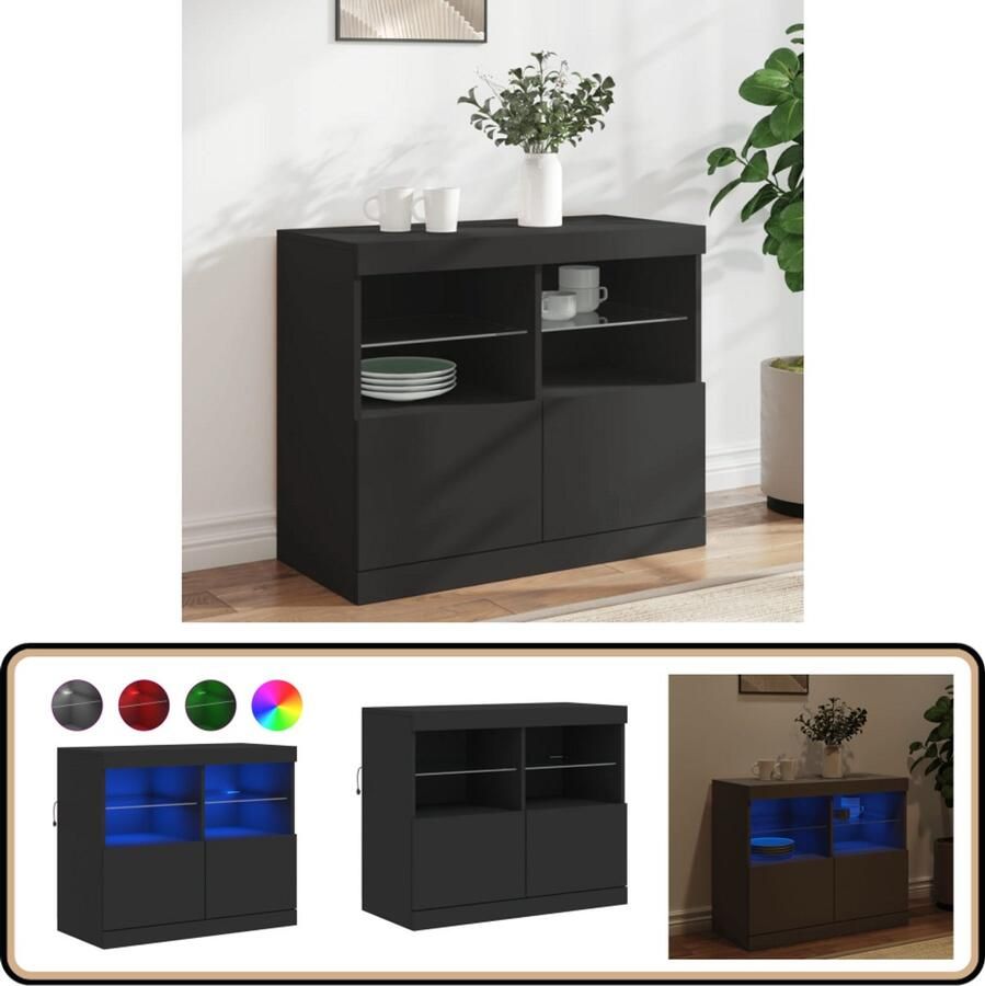 VidaXL Dressoir LED-verlichting 81x37x67 cm Zwart Moderne Kast Led Verlichting Buffetkast Tv Meubel Zwarte Kast - Foto 2