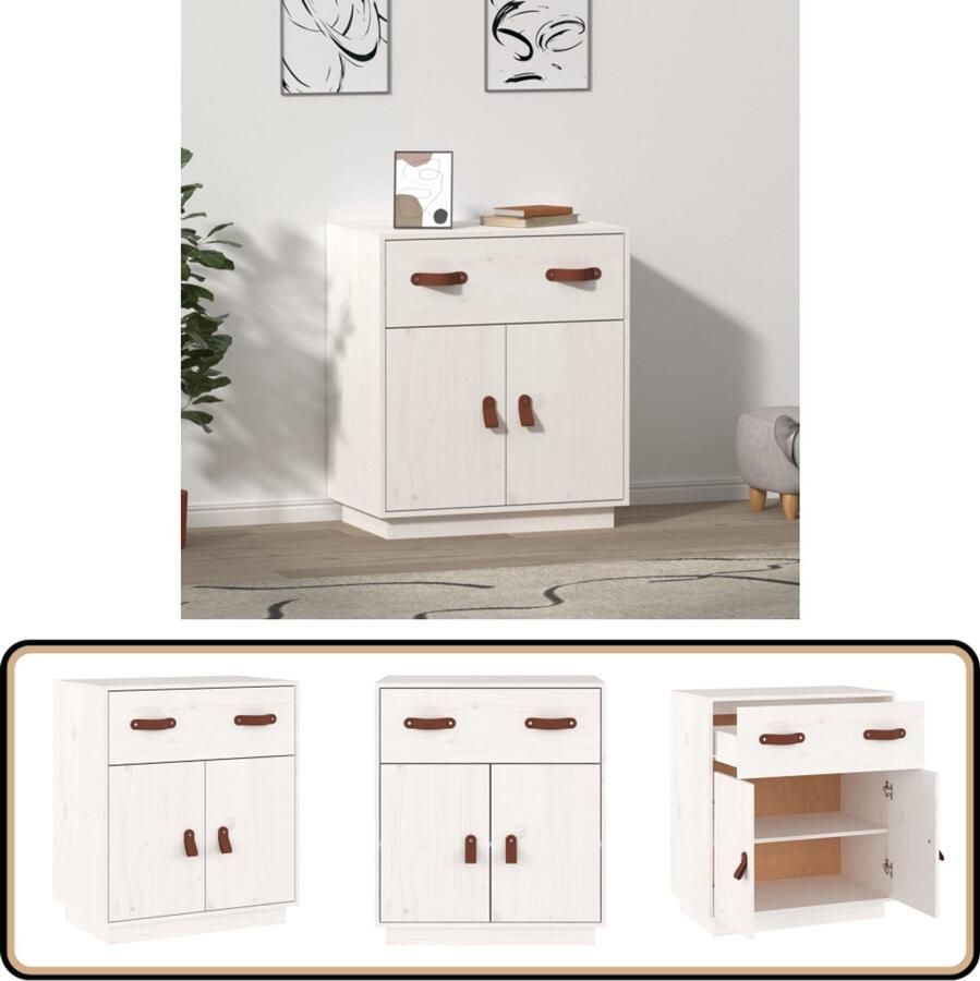 VidaXL Dressoir Massief Grenenhout Wit 65 5x40x75 cm Dressoir Opbergkast Grenenhouten Meubels Witte Kast Vintage Stijl - Foto 2