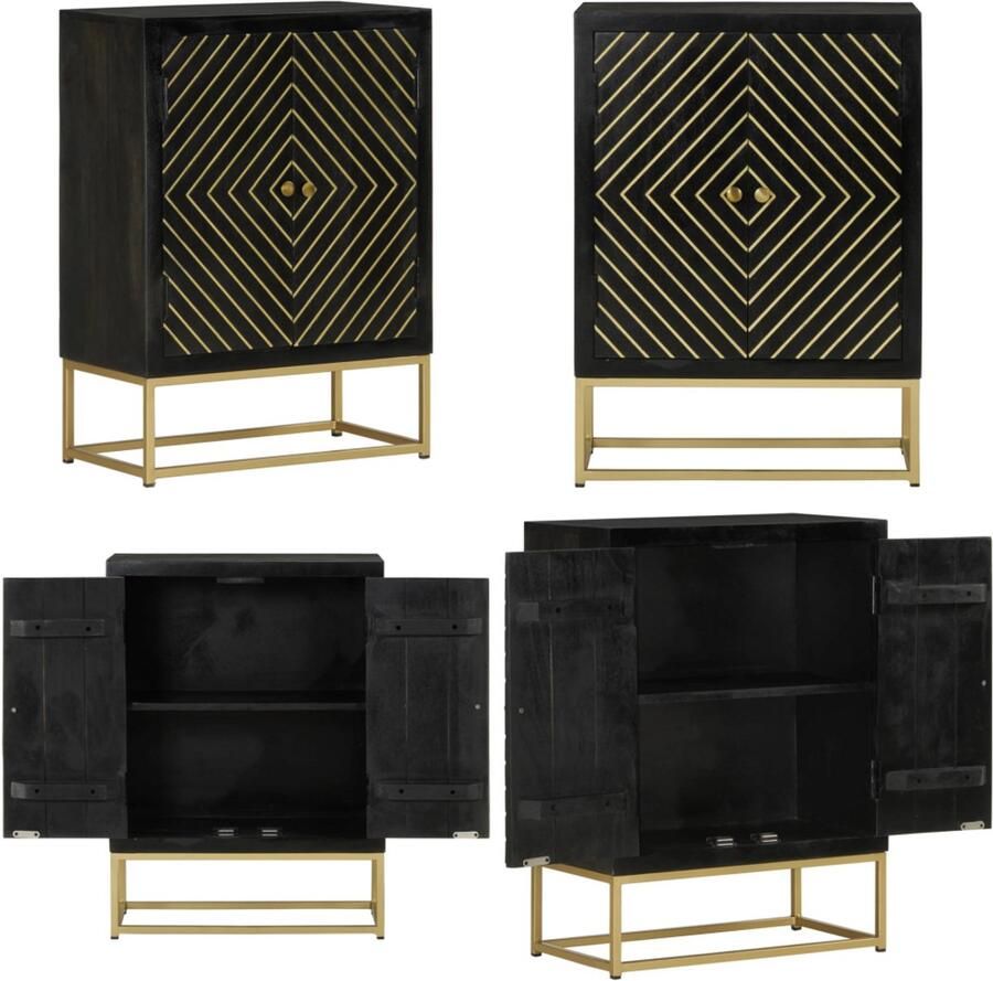 VidaXL Dressoir met 2 deuren 55x30x75 cm mangohout zwart en goud Dressoir Dressoirs Kast Wandkast