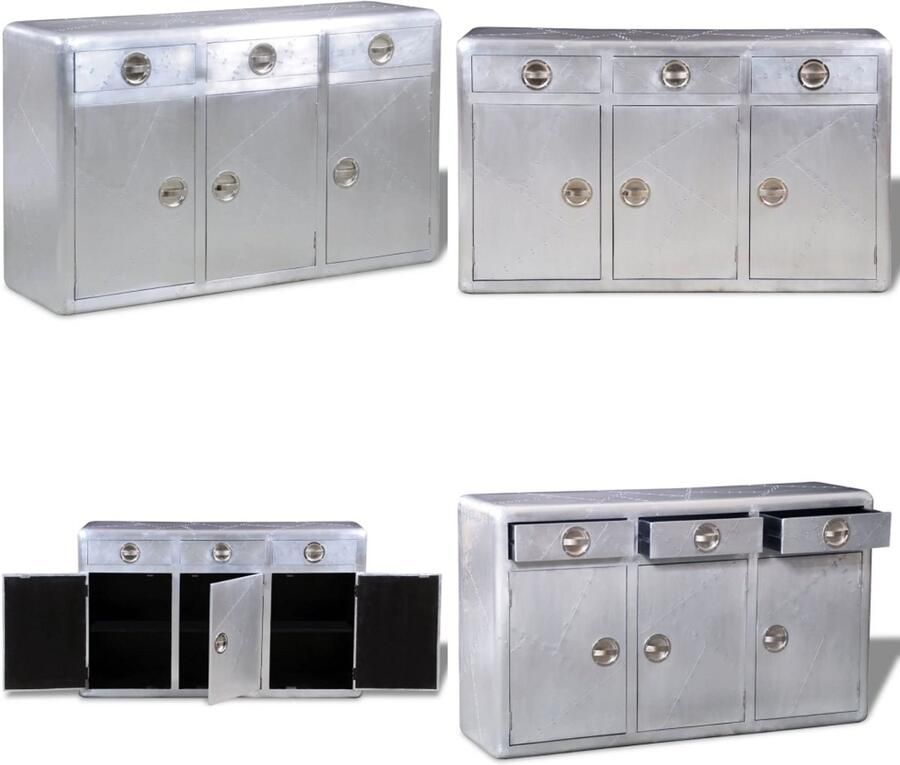 VidaXL Dressoir met 3 lades vintage luchtvaartstijl aluminium Dressoir Dressoirs Kastje Kastjes