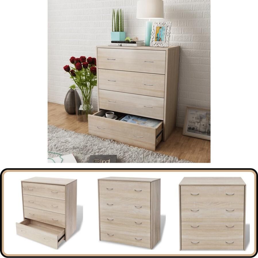 The Living Store Dressoir met 4 lades 60x30 5x71 cm eikenkleur Dressoir Commode Eiken Kleur Houten Dressoir Opslagmeubilair