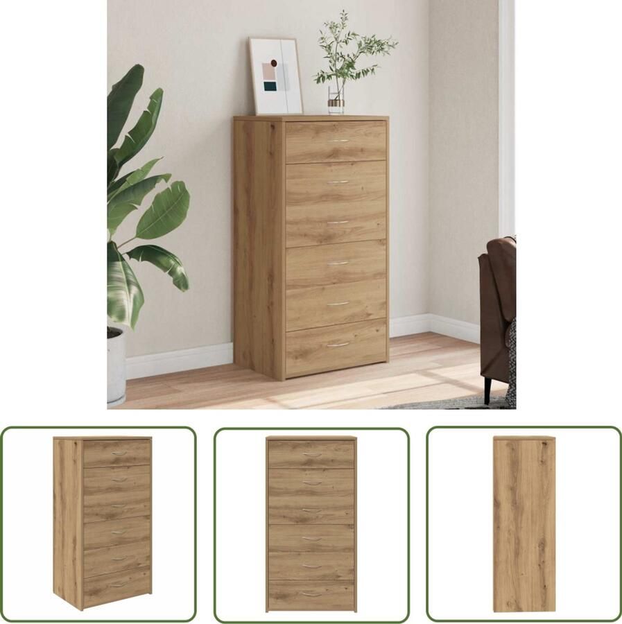 The Living Store Dressoir met 6 lades 50x34x96 cm bewerkt hout artisanaal eiken Dressoir Kast Opbergkast Salontafel Houten Meubels - Foto 2