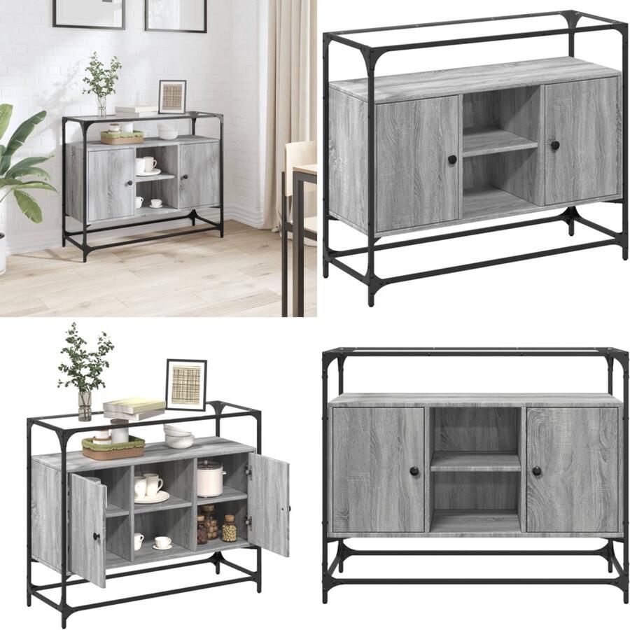VidaXL Dressoir met glazen blad 98x35x81 cm bewerkt hout grijs sonoma Dressoir Dressoirs Opbergkast Wandkast