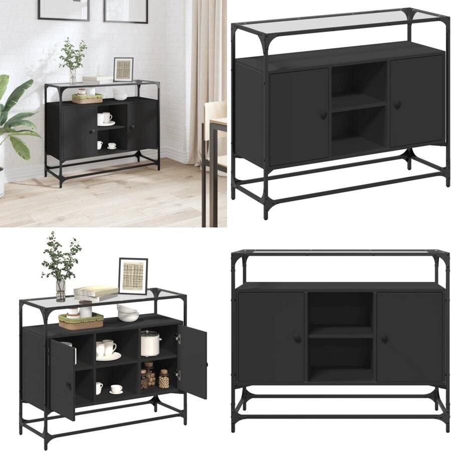 VidaXL Dressoir met glazen blad 98x35x81 cm bewerkt hout zwart Dressoir Dressoirs Opbergkast Wandkast