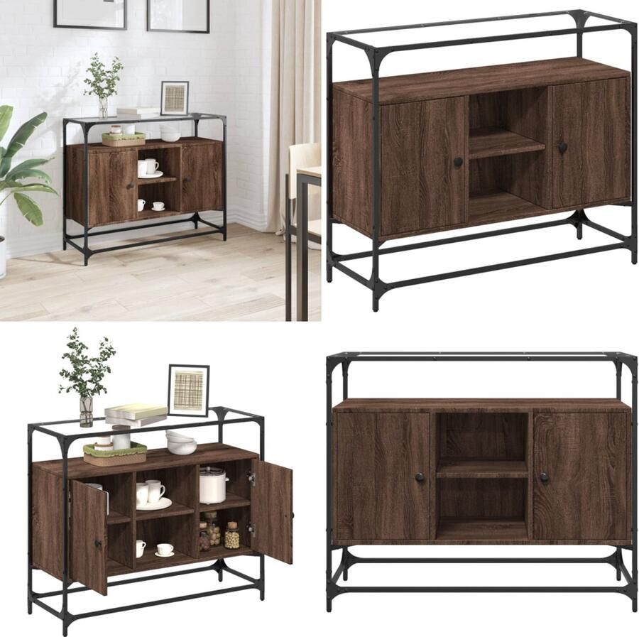 VidaXL Dressoir met glazen blad 98x35x81 cm hout bruin eikenkleurig Dressoir Dressoirs Opbergkast Wandkast