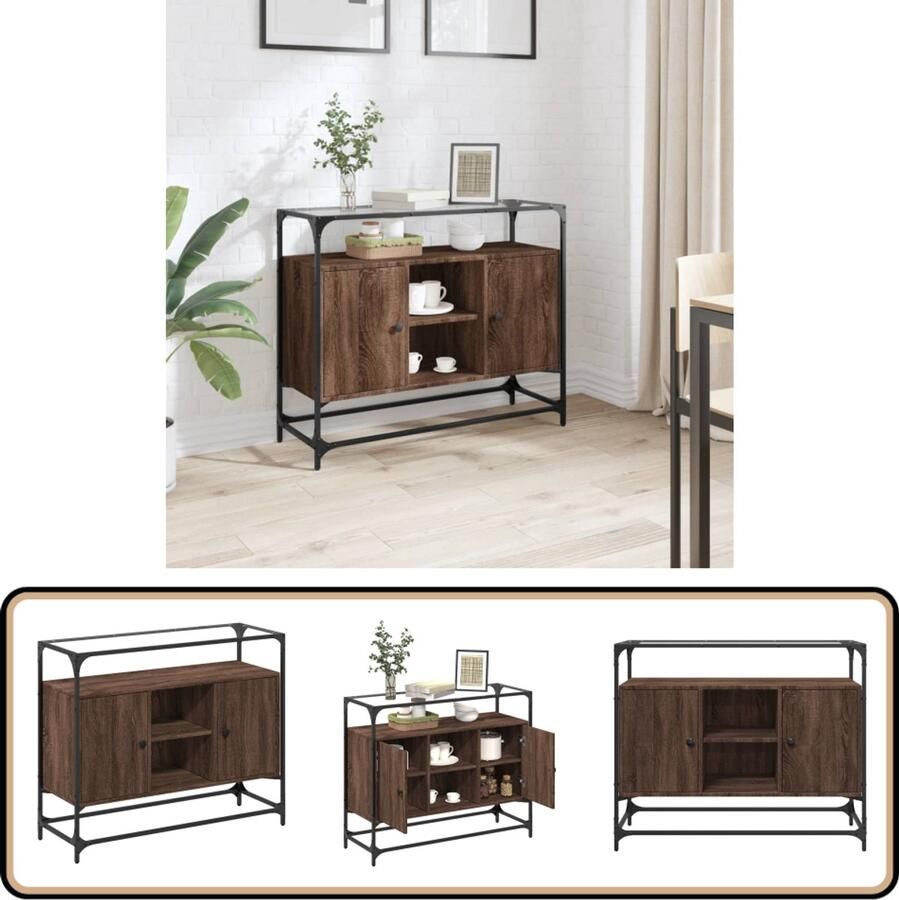 VidaXL Dressoir 98x35x81 cm Bruin Eiken Glas Dressoir Bijzettafel Houten Meubels Bruine Eiken Kleur Opbergkast