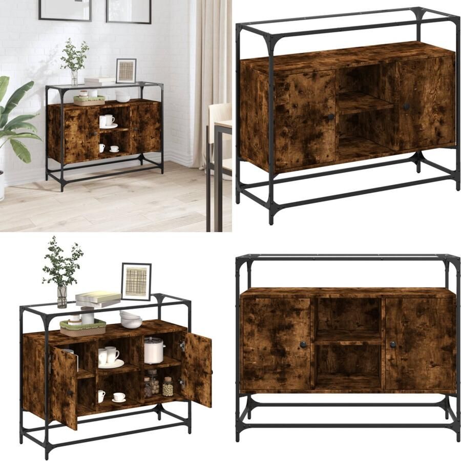VidaXL Dressoir met glazen blad 98x35x81 cm hout gerookt eikenkleurig Dressoir Dressoirs Opbergkast Wandkast