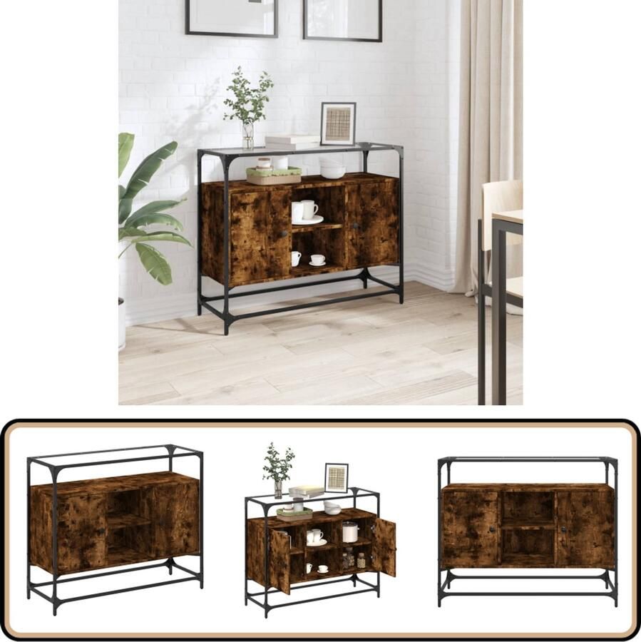 VidaXL Dressoir Gerookt eiken Glazen blad 98x35x81 cm Dressoir Bijzettafel Houten Meubels Vintage Meubelen Opbergkasten