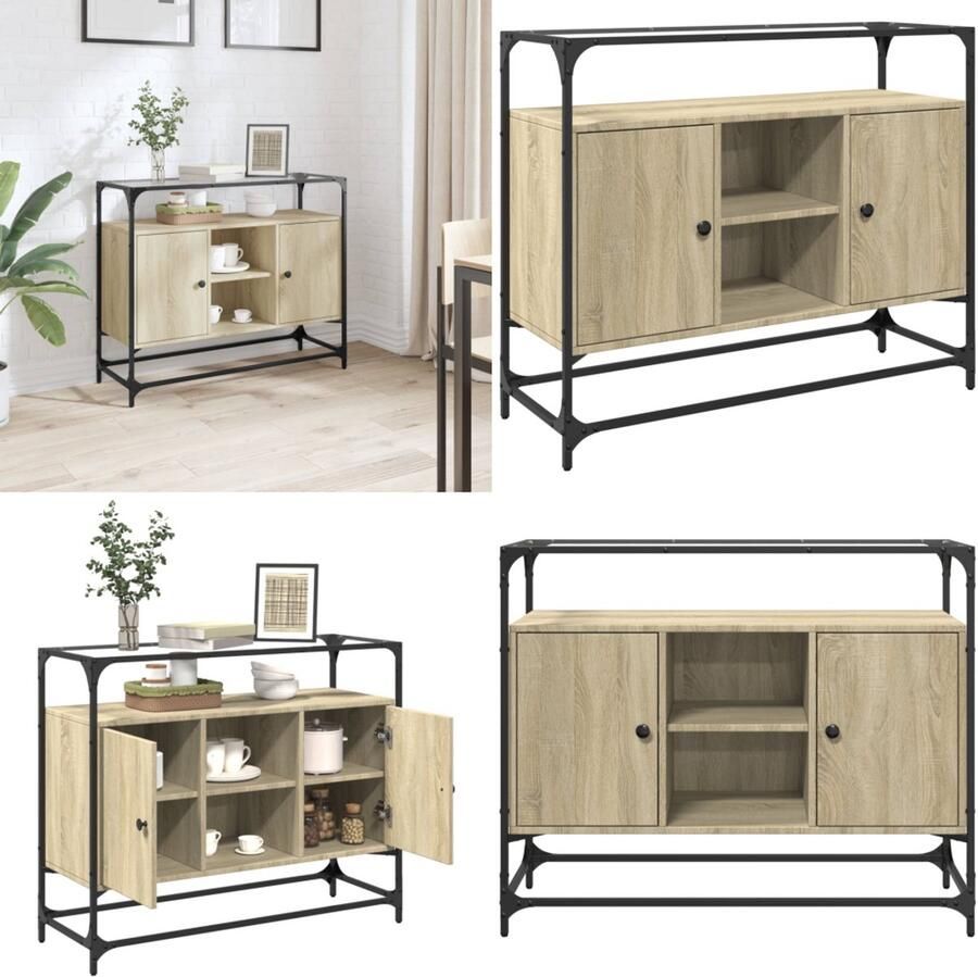 VidaXL Dressoir met glazen blad 98x35x81 cm hout sonoma eikenkleurig Dressoir Dressoirs Opbergkast Wandkast
