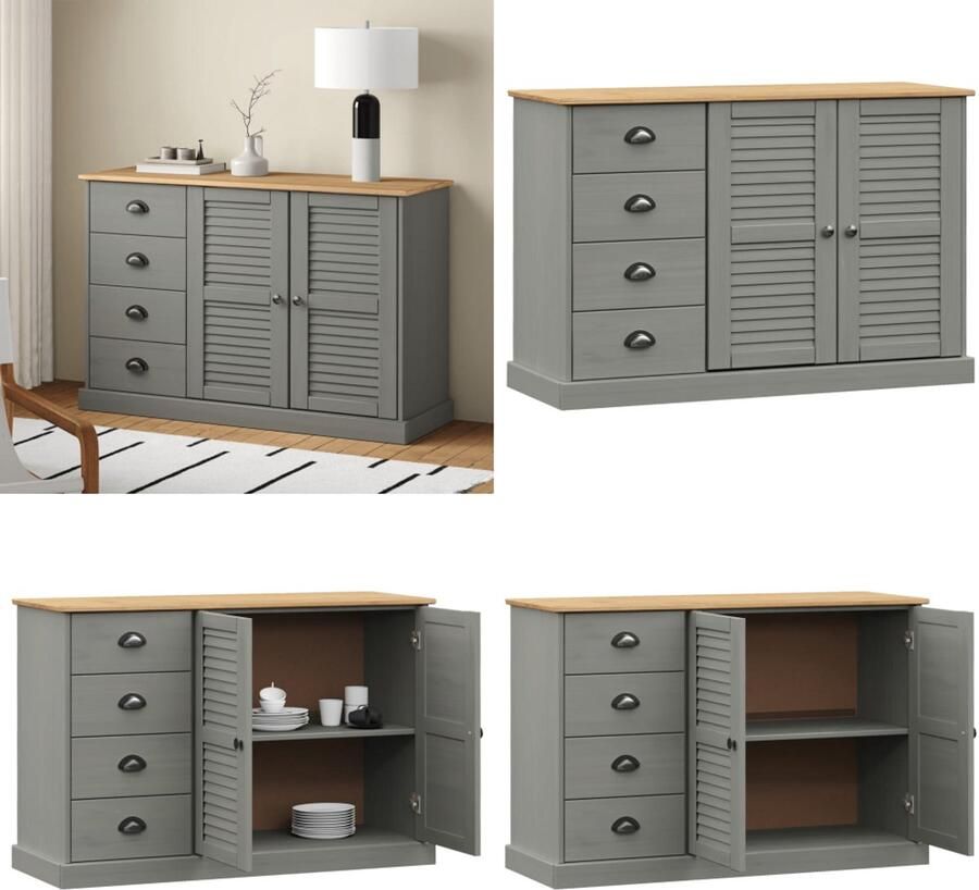 VidaXL Dressoir met lades VIGO 113x40x75 cm massief grenenhout grijs Dressoir Dressoirs Opbergkast Wandkast
