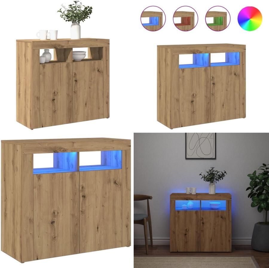 VidaXL Dressoir met LED 80x35x75 cm bewerkt hout artisanaal eiken Dressoir Dressoirs Dressoirkast Kast