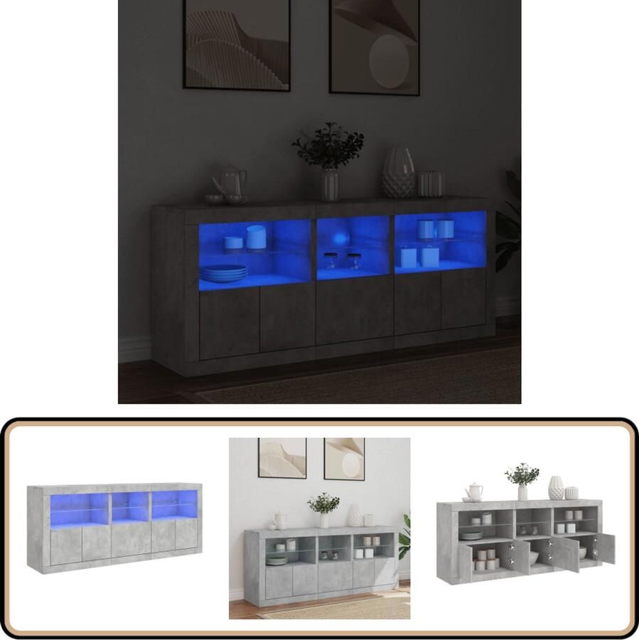 VidaXL Dressoir 162x37x67 cm Betongrijs LED-verlichting Modern Dressoir Led Verlichting Tv Kast Opbergkast Woonkamer Meubilair