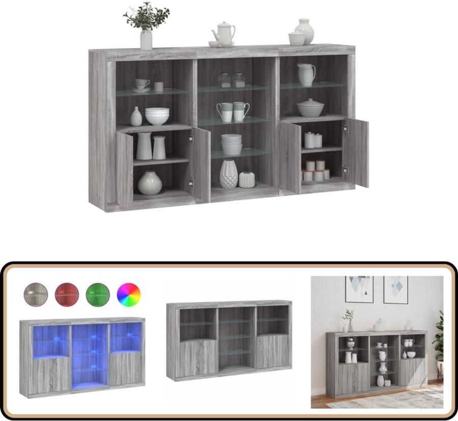 VidaXL Dressoir met LED-verlichting Grijs Sonoma Eiken Dressoir Led Verlichting Grijze Kast Salontafel Opbergkast