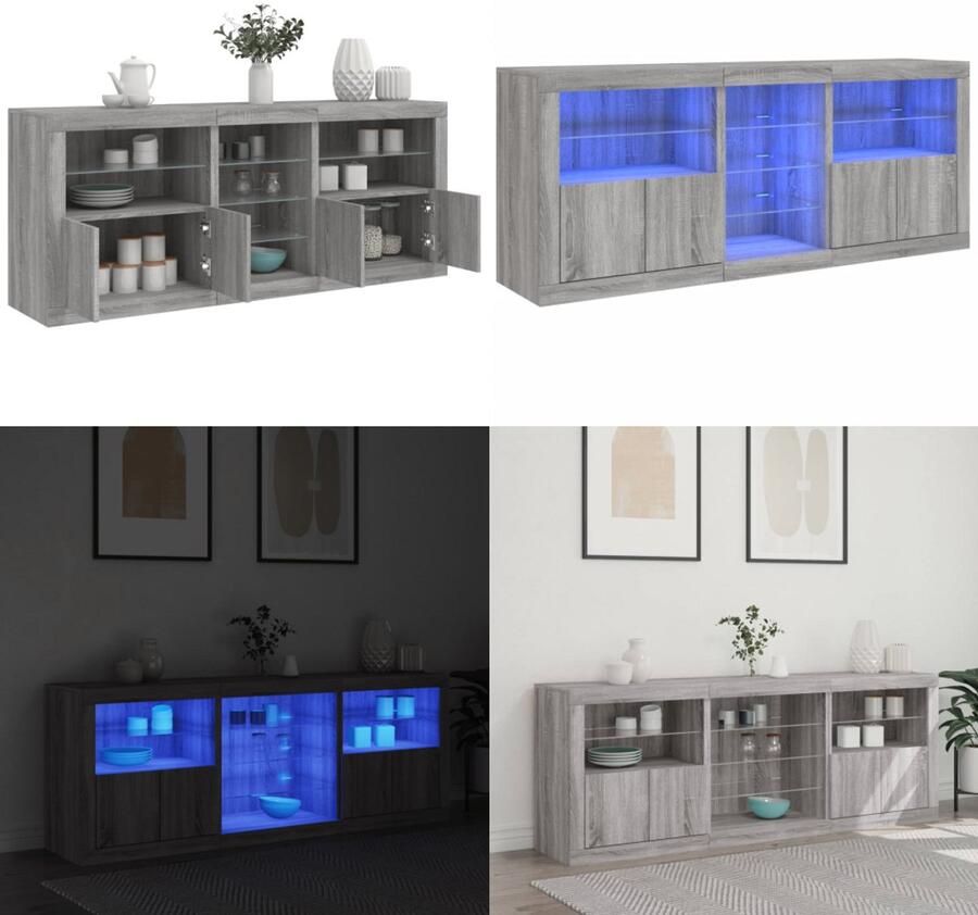 VidaXL Dressoir met LED-verlichting 181 5x37x678 cm grijs sonoma eiken Dressoir Dressoirs Opbergkast Buffet