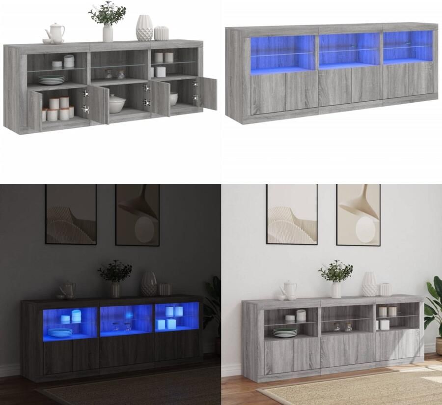 VidaXL Dressoir met LED-verlichting 181 5x37x678 cm grijs sonoma eiken Dressoir Dressoirs Opbergkast Buffet