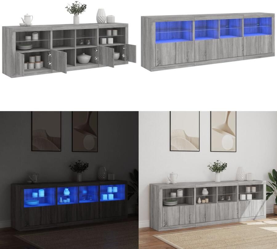 VidaXL Dressoir met LED-verlichting 202x37x67 cm grijs sonoma eiken Dressoir Dressoirs Opbergkast Buffet