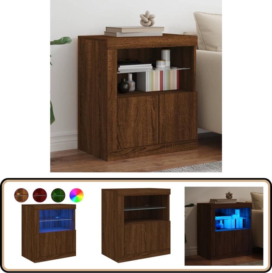 VidaXL Dressoir met LED 60 5x37x67 cm Bruin Eiken Moderne Kast Tv-meubel Buffettafel Led Verlichting Houten Kast