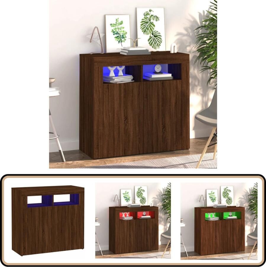 VidaXL Dressoir Bruin Eiken 80x35x75 cm LED Dressoir Meubilair Houten Dressoir Led Verlichting Bruine Eiken