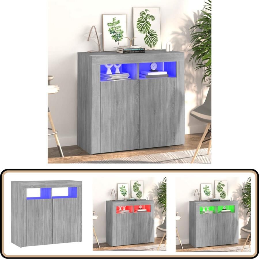 VidaXL Dressoir met RGB LED 80x35x75 cm Grijs Eiken Dressoir Tv-meubel Houten Kast Led Verlichting Grijze Meubels