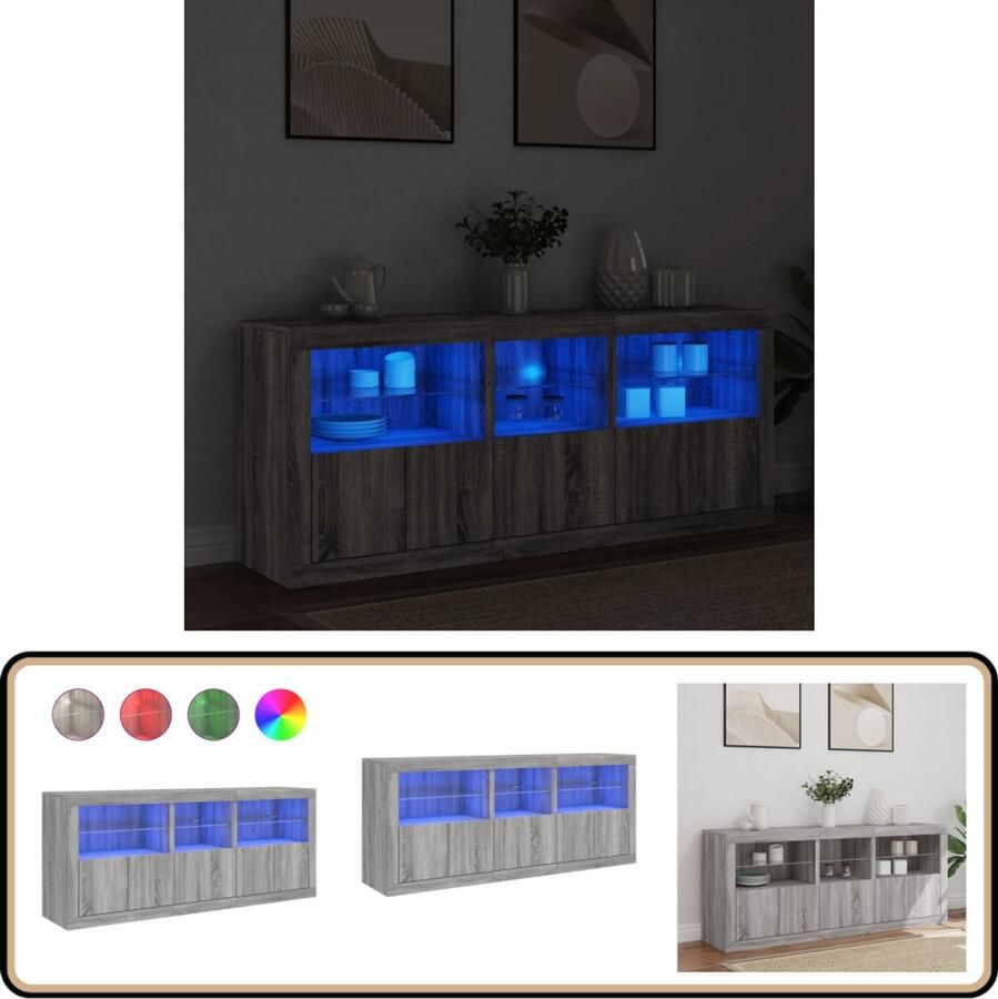 VidaXL Dressoir met LED-verlichting Grijs Sonoma 162x37x67 cm Modern Dressoir Led Dressoir Rgb Verlichting Opberg Kast Tv Stand