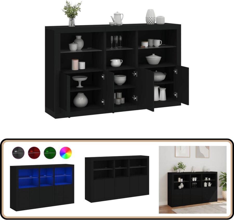 VidaXL Dressoir met LED Zwart 162x37x100 cm Dressoir Led Verlichting Modern Design Zwarte Kast Houten Meubel - Foto 2