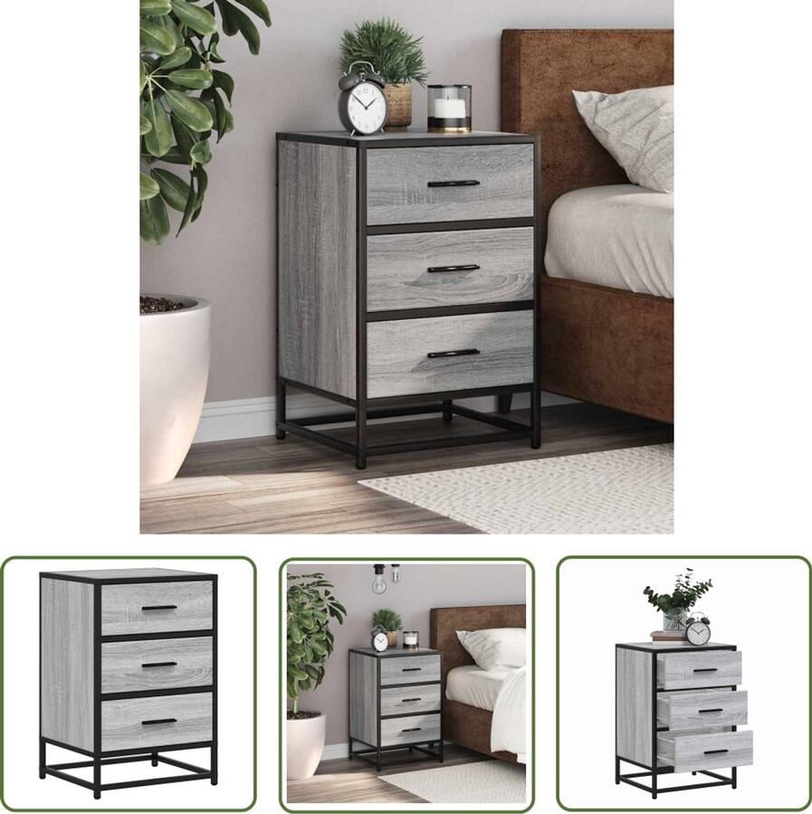 The Living Store Nachtkastje 40x34 5x60cm bewerkt hout&metaal grijs sonoma eiken Nachtkastje Dressoir Slaapkamerdecoratie Houten Meubilair Vintage Style