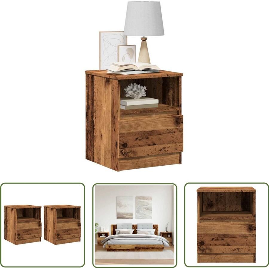 The Living Store Nachtkastjes 2 st 40x40x50 cm bewerkt hout oud houtkleurig Nachtkastjes Dressoir Slaapkamerdecoratie Vintage Meubel Industrieel Design
